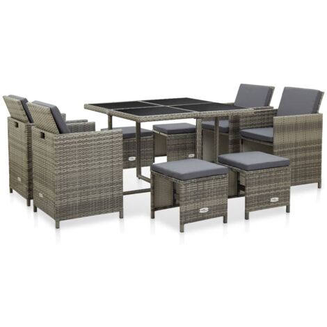 Mobilier à dîner de jardin 9pcs et coussins Résine tressée Gris