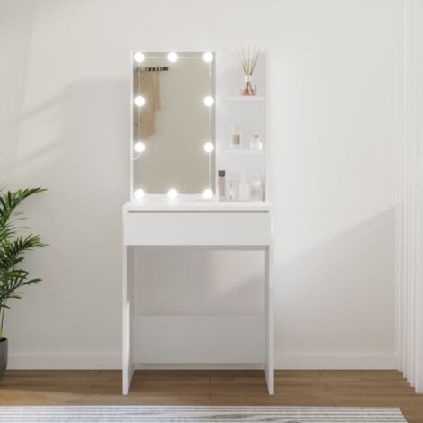 Vidaxl – Coiffeuse enfant avec LED – Bois d'ingénierie blanc – 60x40x140 cm – Grand espace de rangement avec tiroir et étagères