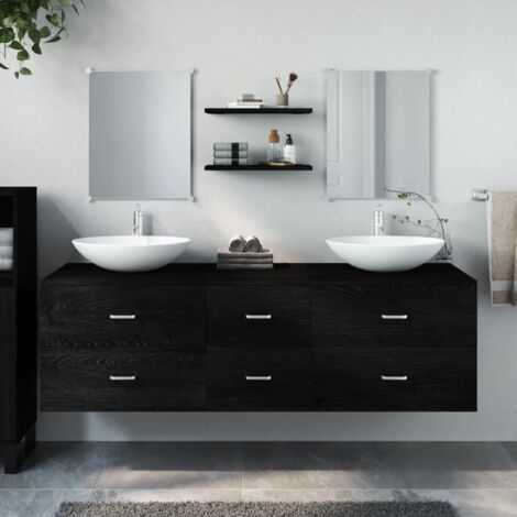 Vidaxl – Ensemble de meubles de salle de bain 5 pcs – Noir bois d'ingénierie – Dimensions 150x45x45 cm – Miroirs et étagères inclus