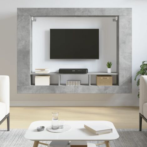 Vidaxl – Meuble TV flottant en bois d'ingénierie gris béton 152x22x113 cm – Grand espace de rangement – Fixation murale – Étagères décoratives