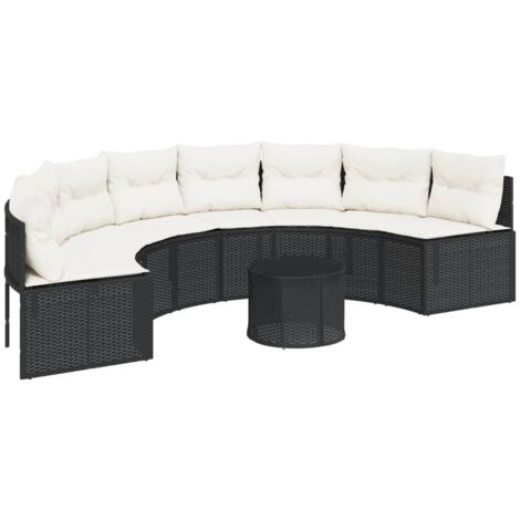vidaXL Canapé de jardin table coussins demi-rond noir résine tressée