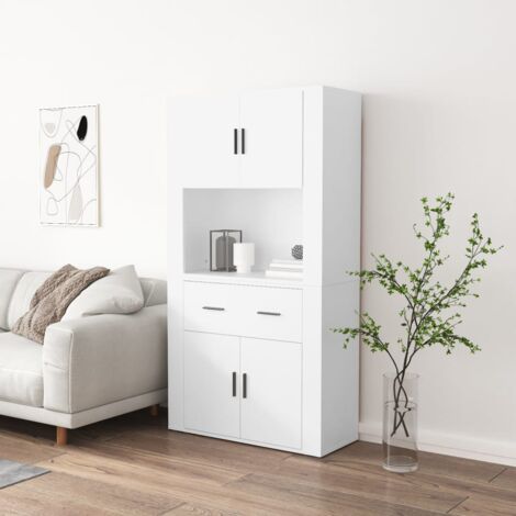 Vidaxl – Buffet haut blanc en bois d'ingénierie – Résistant à l'humidité – Grand espace de rangement – Fixation murale pour gain de place