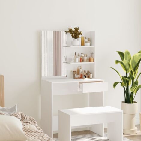 Vidaxl – Coiffeuse avec miroir blanche 74,5x40x141 cm – Bois d'ingénierie résistant à l'humidité – Fixation murale incluse pour sécurité