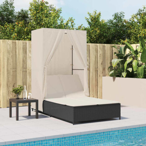 vidaXL Double Sun Lounger with Roof and Curtains Black Poly Rattan