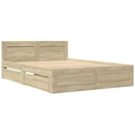 Vidaxl – Cadre de lit 135x190cm avec tête de lit – Chêne sonoma – Sommier à lattes – Tiroirs de rangement pour objets – Bois d'ingénierie durable (1/5)
