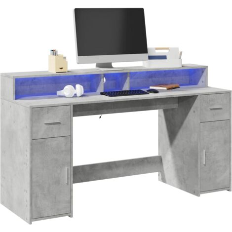 Vidaxl – Bureau droit gris béton 160x55x91cm – Bois d'ingénierie durable – Éclairage LED intégré – Capacité de charge 90kg