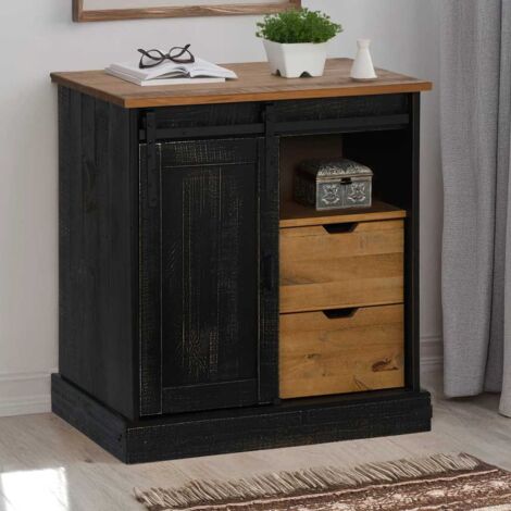 Vidaxl – Buffet HALDEN noir 80x40x80 cm – Bois de pin massif avec porte coulissante et 2 tiroirs – Meuble de rangement élégant (1/5)