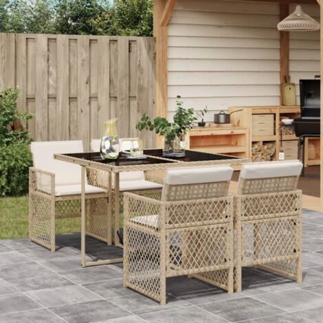 Vidaxl – Ensemble à manger de jardin 5pcs – Résine tressée beige – Table 110x106x73cm avec verre trempé – Chaises pliantes avec coussins amovibles (1/5)