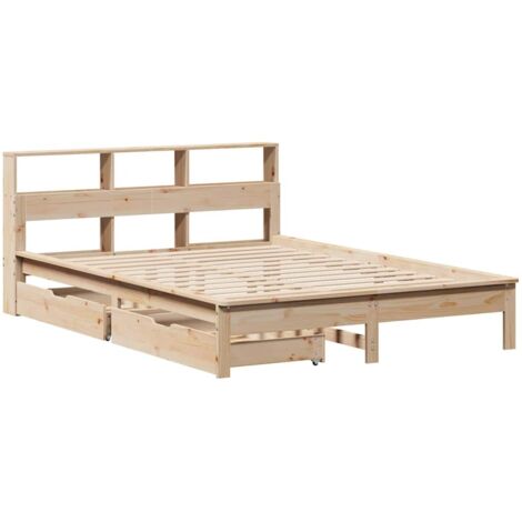 Vidaxl – Lit bibliothèque 120x190 cm en bois de pin massif – 2 tiroirs avec roulettes – Sommier à lattes pour soutien optimal – Tête de lit avec 3 compartiments (1/5)
