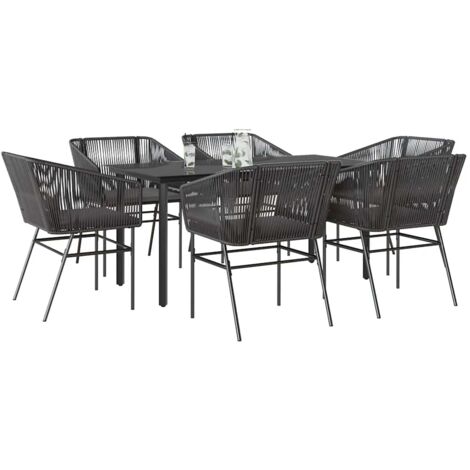 vidaXL Ensemble à manger de jardin coussins 7pcs noir poly rotin verre