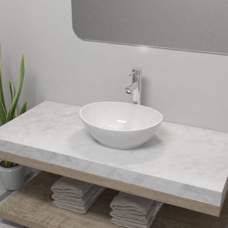 Vidaxl – Lavabo céramique ovale blanc 400x330x135mm – Mitigeur chromé en laiton avec cartouche céramique – Installation au-dessus du comptoir