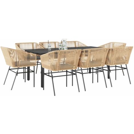 Vidaxl – Ensemble table et chaise de jardin 9 places – Résine tressée marron – Verre trempé – Cadre acier enduit de poudre – Coussins amovibles