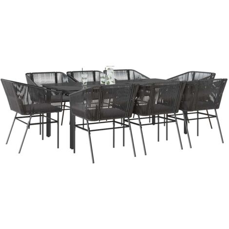 vidaXL Ensemble à manger de jardin coussins 9pcs noir poly rotin verre