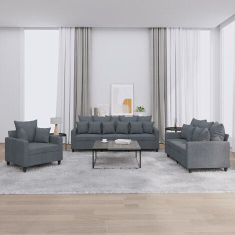 Vidaxl – Ensemble de canapés 3 pcs en velours gris foncé – 1 x fauteuil, 1 x canapé 2 places, 1 x canapé 3 places – Coussins inclus