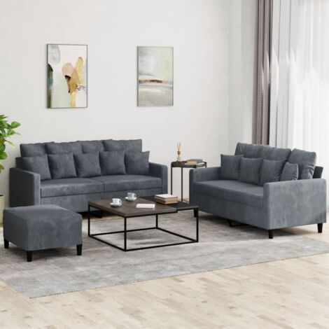 Vidaxl – Ensemble de canapés 3 pcs avec coussins – Canapés 2 places 120/140 cm – Velours gris foncé – Repose-pied inclus – Assemblage requis