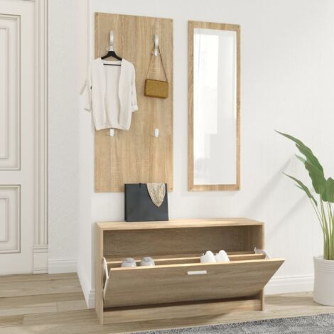 Vidaxl – Ensemble de meubles d'entrée 3 en 1 – Armoire à chaussures 80 x 27 x 46,5 cm – Miroir 30 x 100 cm – Porte-manteau avec 4 crochets