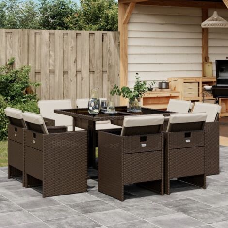 Vidaxl – Ensemble table et chaise de jardin 9 pcs – Poly rotin marron – Coussins épais – Dossier rabattable – Verre trempé