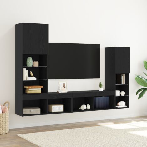 Vidaxl – Meuble TV mural 4 pcs chêne noir bois d'ingénierie – 3 armoires avec bandes LED – Dimensions 190,5 x 30 x 132 cm (1/5)