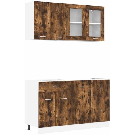 Vidaxl – Unité de cuisine Lyon 4 pcs – Chêne fumé – Bois d'ingénierie – Pieds ajustables pour sols irréguliers – Rangement optimisé avec portes en verre (1/5)