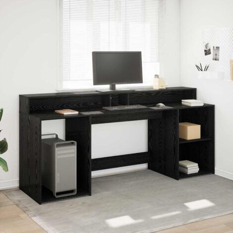 Vidaxl – Bureau droit avec tiroir et étagère – Chêne noir – 200 x 55 x 91 cm – Bois d'ingénierie – Éclairage LED USB intégré - NOIR 200 X