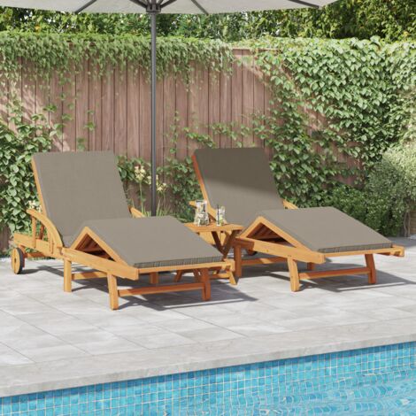 Transats 2 pcs avec coussins et roulettes Taupe Bois massif Acacia vidaXL