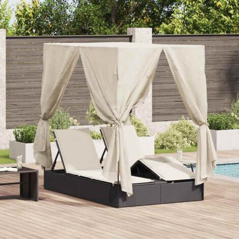 Vidaxl – Transat double avec toit noir 205 x 129 x 200 cm – Rattan PE résistant aux UV – Dossier et repose-pieds réglables – 2 coussins inclus (1/5)