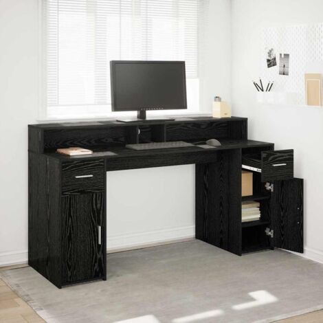 Vidaxl – Bureau droit chêne noir 160 x 55 x 91 cm – Bois d'ingénierie – Avec tiroir et étagère – Éclairage LED USB intégré