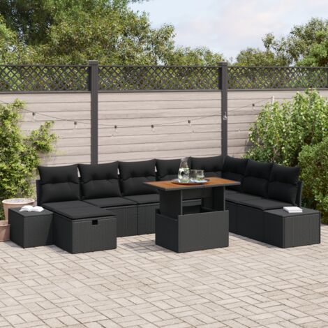 Ensemble de sofa de jardin 9 pièces avec coussins polyester noir poly rotin (1/5)
