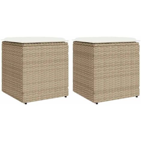 Vidaxl – Tabourets de jardin avec coussins – Lot de 2 – Résine tressée beige – Dimensions 40 x 40 x 43 cm – Rangement intégré et housses lavables