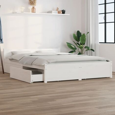 Vidaxl – Cadre de lit blanc 140x190 cm avec 4 tiroirs – Bois de pin massif – Tête de lit classique – Rangement optimal