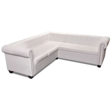 Canapé d'angle Chesterfield 5 places en cuir artificiel blanc – Rembourrage épais pour confort – Dimensions 205 x 205 x 73 cm (1/5)