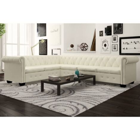 Vidaxl – Canapé d'angle Chesterfield 6 places – Cuir artificiel blanc – Structure en bois durable – Dimensions 260x205x73 cm