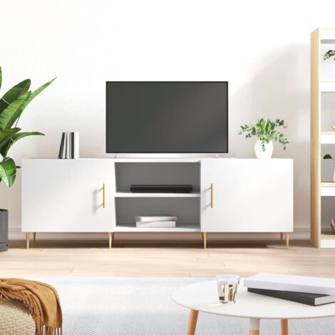 Jinlefu – Meuble TV blanc 150x30x50 cm en bois d'ingénierie – 4 compartiments de rangement – Pieds en fer pour stabilité (1/5)