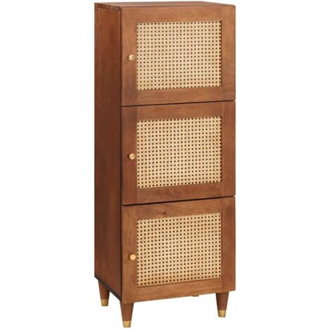 Vidaxl – Buffet haut en bois de manguier massif et rotin – 3 portes opaques – Dimensions 40x33.5x110 cm – Rangement élégant pour salon et chambre