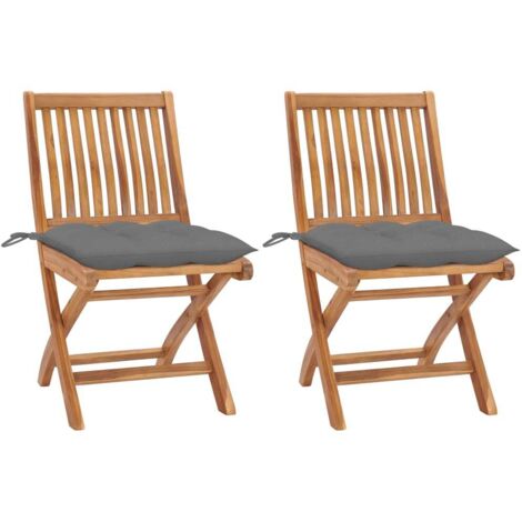 vidaXL Chaises de jardin lot de 2 et coussins gris Bois de teck massif (1/5)