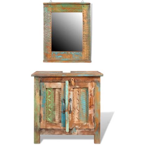 Vidaxl – Ensemble meuble sous vasque simple en bois massif recyclé – Miroir 45x55cm – 2 étagères intérieures – Finition poli et ciré (1/5)