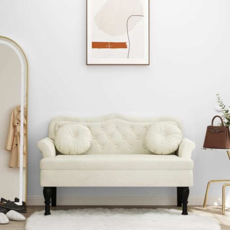 Vidaxl – Banc avec coussins crème 120,5x65x75 cm – Velours doux – Accoudoirs roulés – Pieds en bois d'hévéa massif – Capacité 110 kg (1/5)
