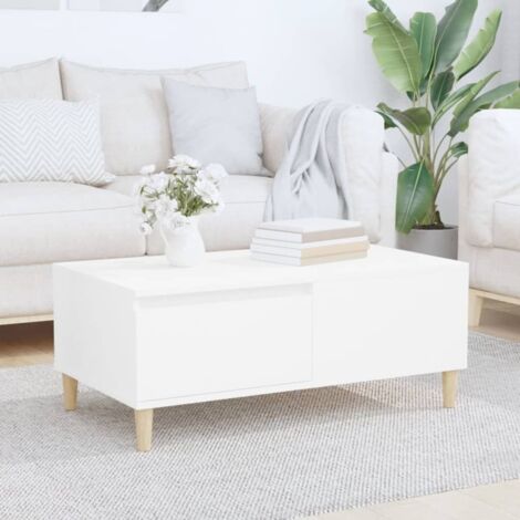 Vidaxl – Table basse fixe blanche 90x50x36,5 cm – Bois d'ingénierie – Pieds en eucalyptus massif – Grand tiroir de rangement (1/5)