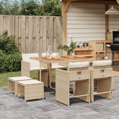 vidaXL 9 Piece Garden Dining Set with Cushions Beige Poly Rattan