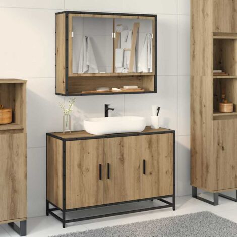 Vidaxl – Cabinet de salle de bain en bois d'ingénierie 90 x 33 x 60 cm – Poignées en acier noir mat – Rangement optimisé pour serviettes et produits de toilette (1/5)