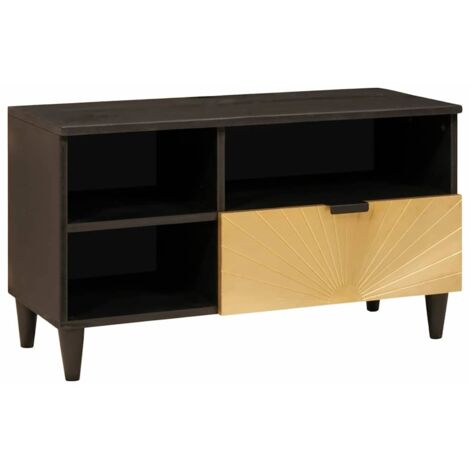 Meuble TV Noir et or 80 x 33 x 46 cm bois de manguier massif vidaXL (1/5)