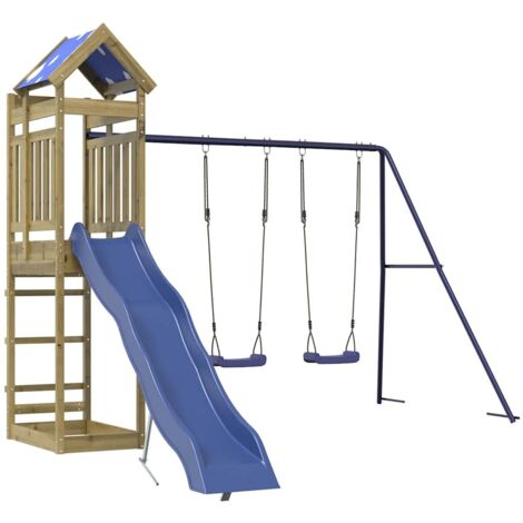 Vidaxl – Aire de jeux d'extérieur en bois de pin imprégné – Toboggan ondulé – Double balançoire – Plateforme 118 cm – Dimensions 307,5 x 350 x 239 cm (1/5)