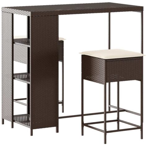 vidaXL 3 Piece Garden Bar Set with Cushions Brown Poly Rattan