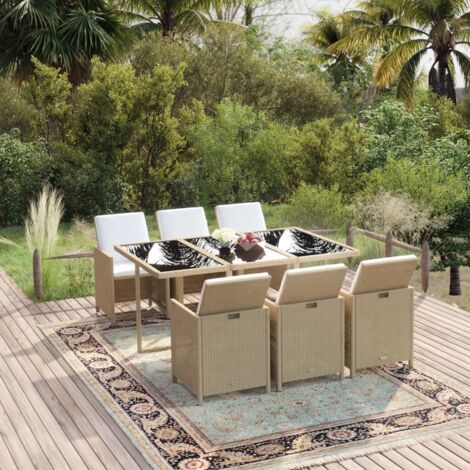 Ensemble à manger de jardin et coussins 7 pcs Poly rotin Beige vidaXL