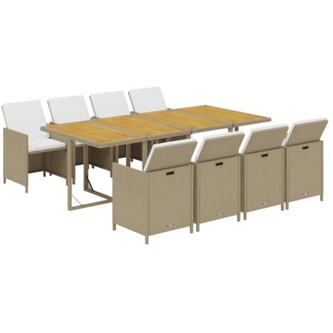 vidaXL Ensemble à manger de jardin et coussins 9 pcs Poly rotin Beige