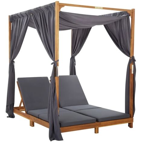 Transat de Jardin double avec rideaux Bain de soleil  Chaise Longue et coussins Bois d'acacia vidaXL