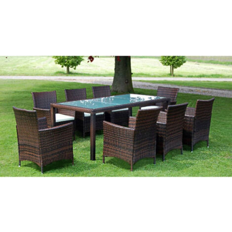 Set da Pranzo da Giardino 9 pz con Cuscini Polyrattan Marrone