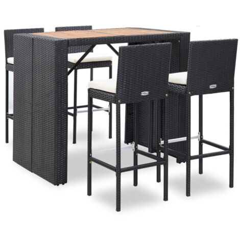 Ensemble de bar 5 pcs Résine tressée et bois d'acacia Noir