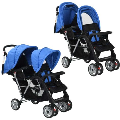 vidaXL Poussette à deux places acier bleu et noir (1/5)