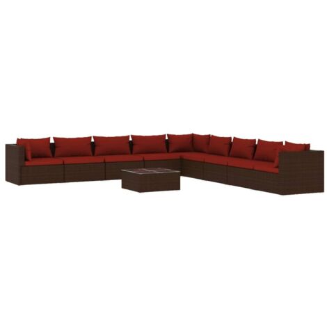 vidaXL Salon de jardin 10 pcs avec coussins Résine tressée Marron